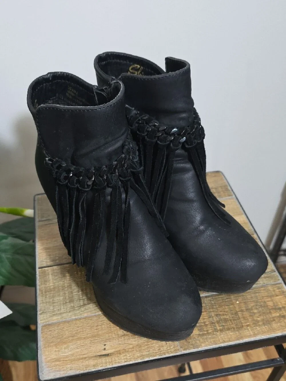 Womens Black Fringe Wedge Booties